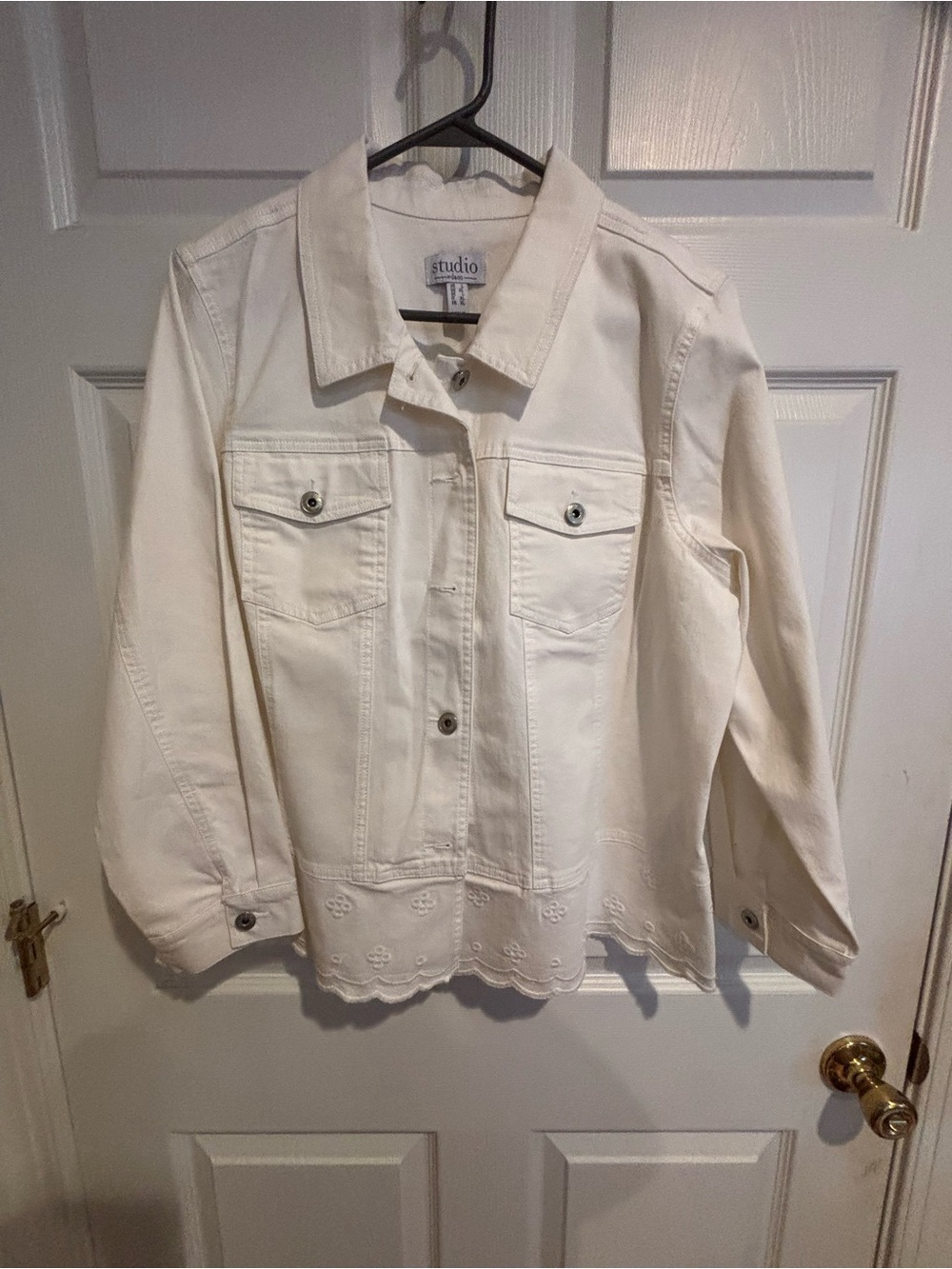 White Denim Jacket by Studio by Denim & Co - Size L - Eyelet Scalloped Hem, But